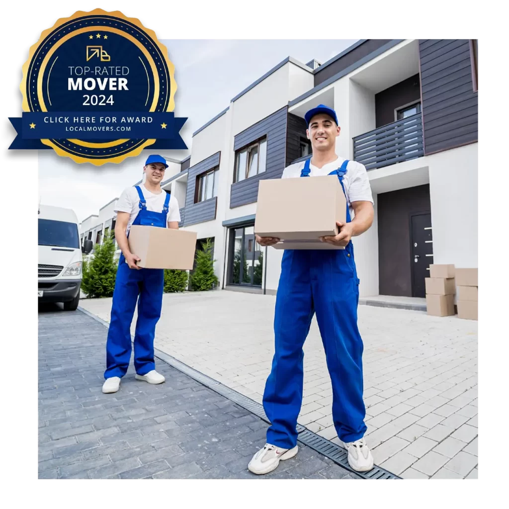 Two movers in blue uniforms carry cardboard boxes outside a modern building. A badge in the corner reads "Top-Rated Mover 2024 by Zenith LP.