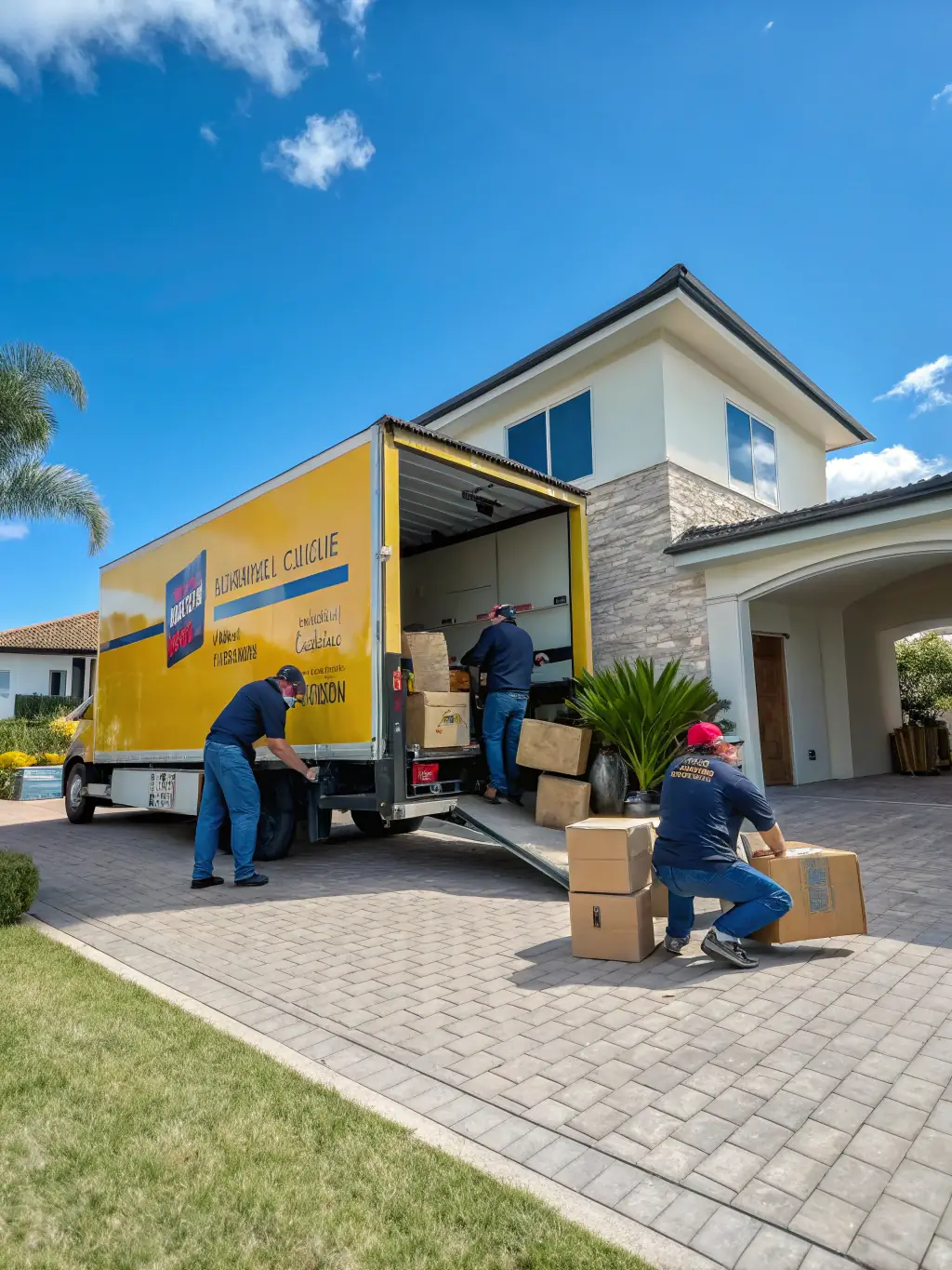 A team of professional movers carefully packing household items into moving trucks in a suburban neighborhood.