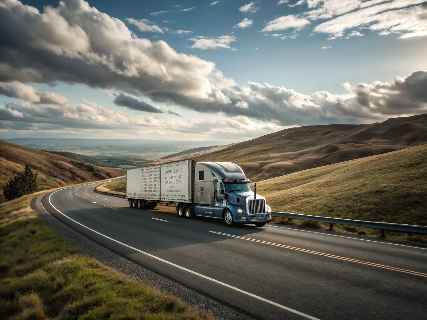 A moving truck on a highway with a scenic background, symbolizing long-distance travel and the seamless relocation services offered by New Moving Group A.