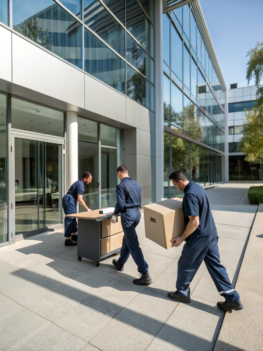 A team of movers setting up office furniture in a new commercial space.