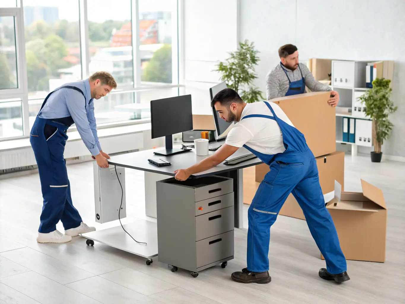 A team of movers setting up office furniture in a new commercial space, showcasing the efficiency and expertise of New Moving Group A in commercial relocations.