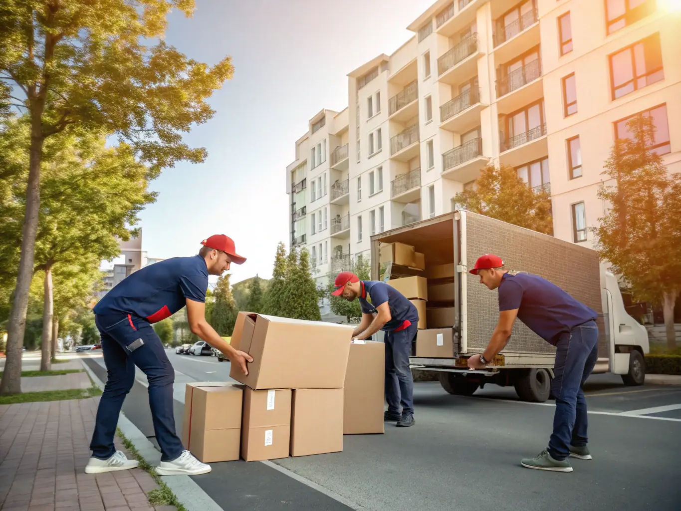 A team of professional movers carefully packing household items into moving trucks in a suburban neighborhood, ensuring the safety and security of belongings during a residential move.