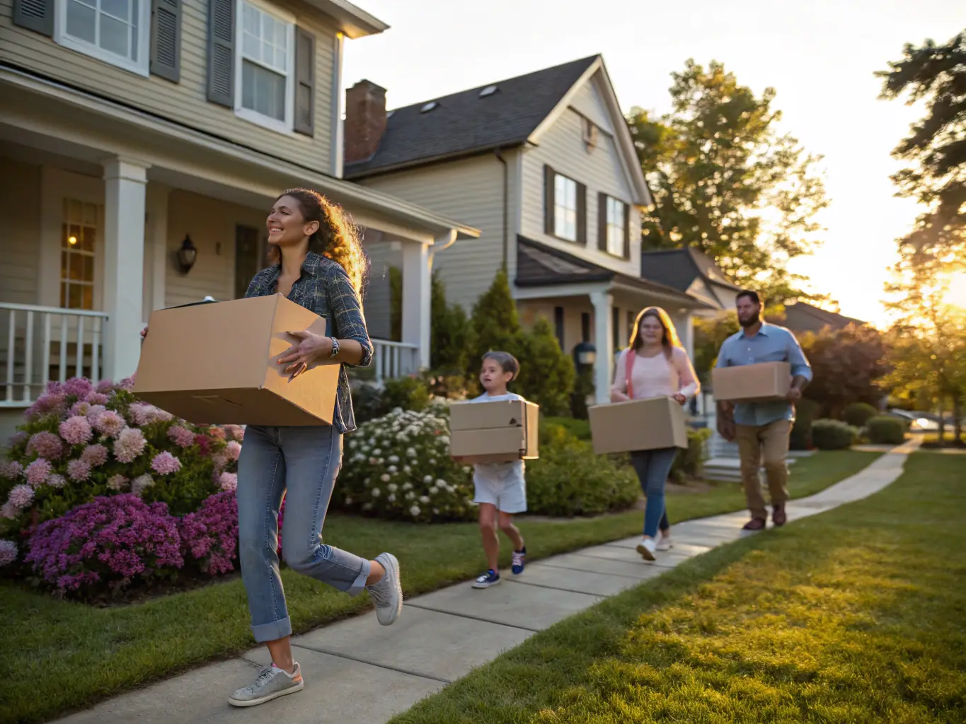 A detailed photograph showcasing a family happily entering their new home, with New Moving Group A's moving truck parked in the background, symbolizing a smooth residential move.